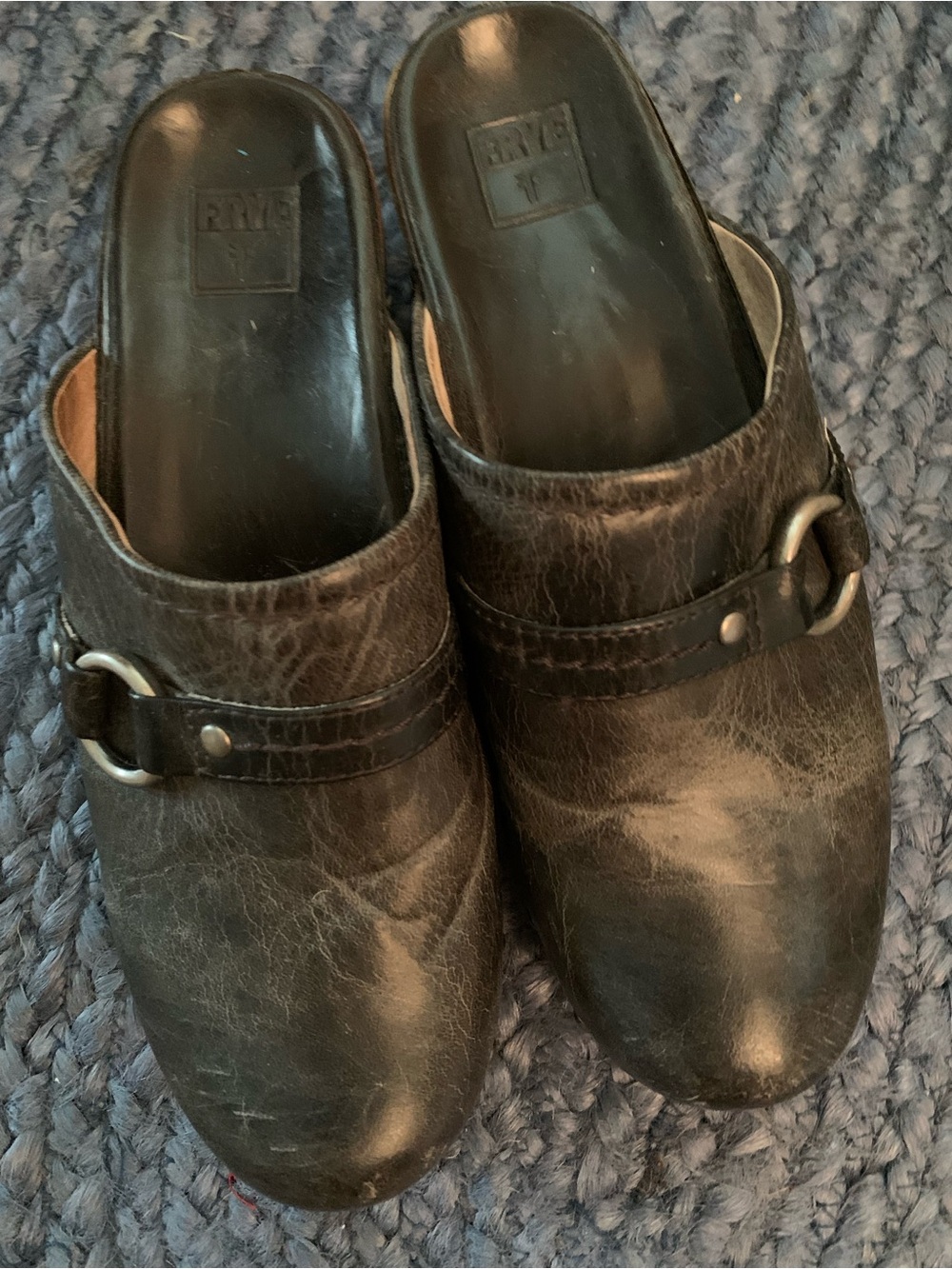Frye Distressed Black Leather Slip-On Clogs with Ring Detail